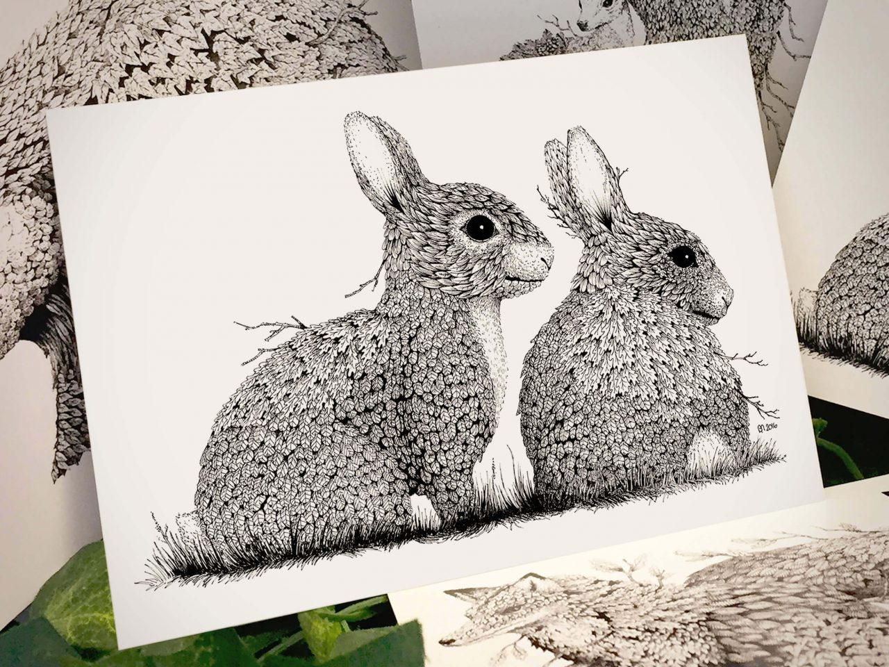 Leaf Rabbits Postcard - Brett Miley Art