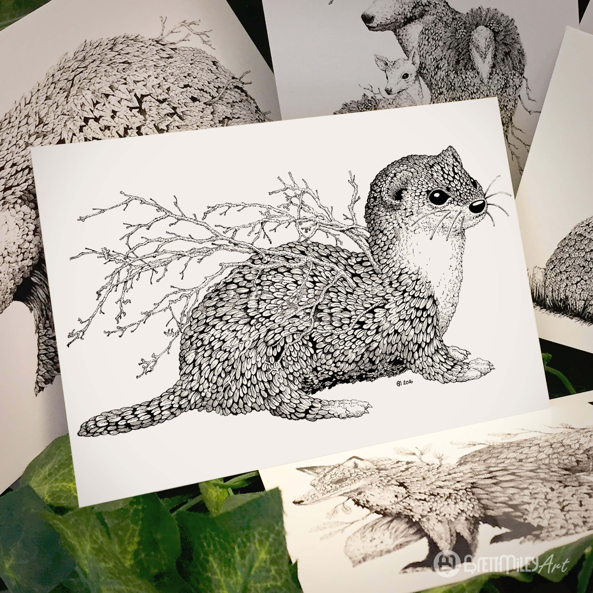 Leaf Weasel Postcard - Brett Miley Art