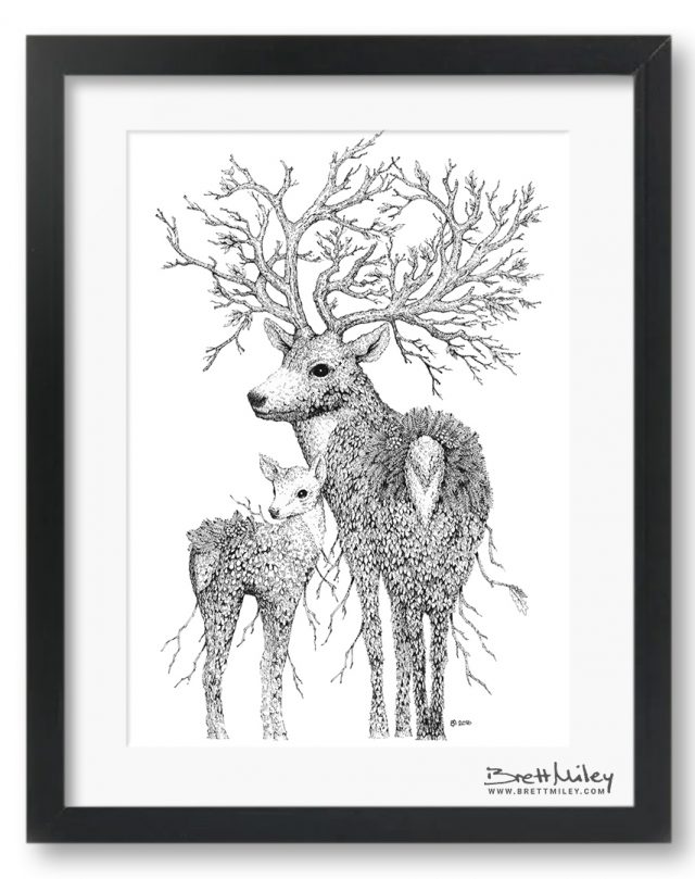 Leaf Stag and Deer Framed Original - by Brett Miley Art