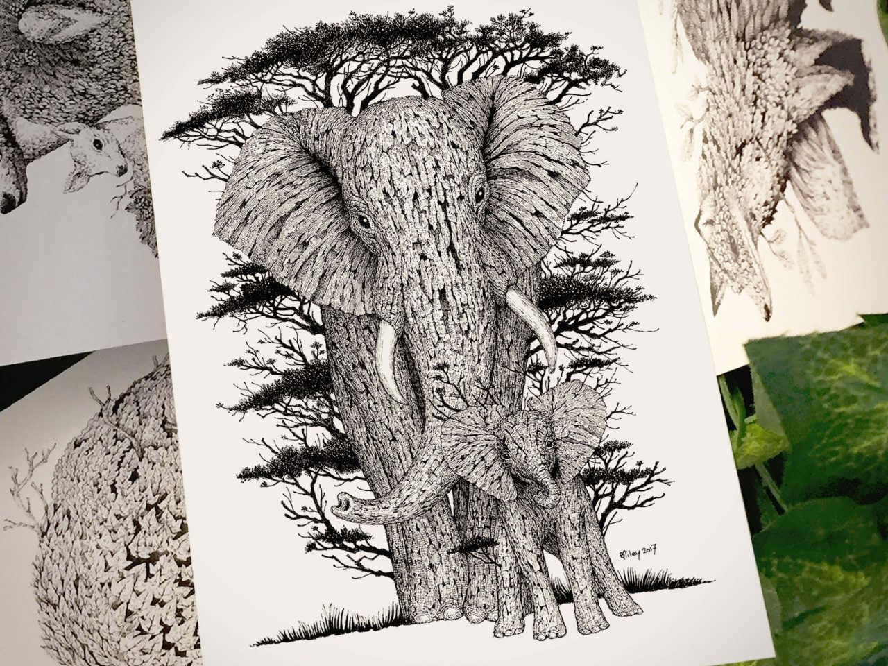 Tree Elephants Postcard - Brett Miley Art