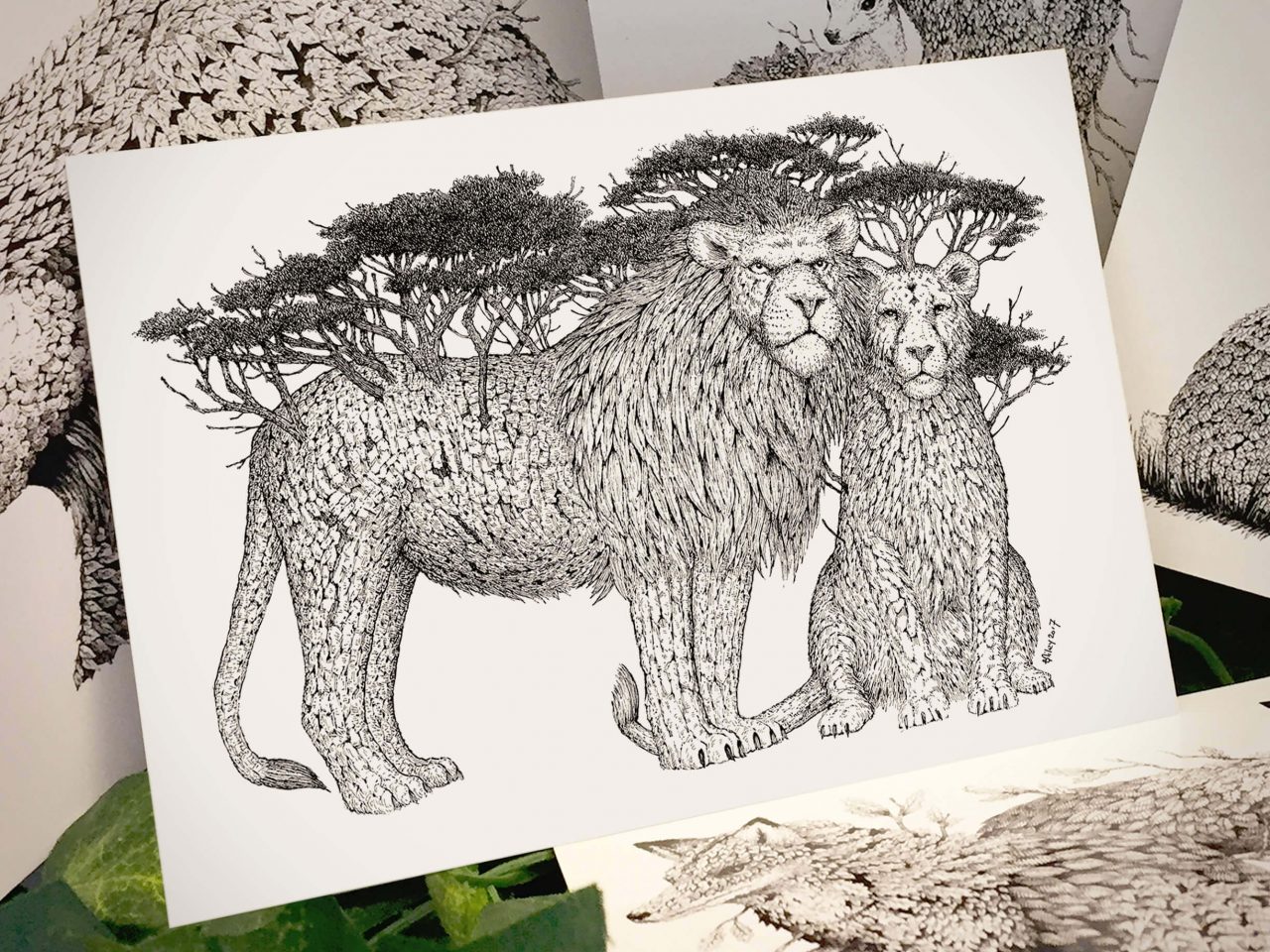 Tree Lions Postcard - Brett Miley Art