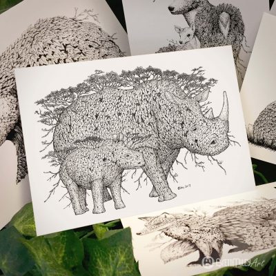 Tree Rhinos Postcard - Brett Miley Art